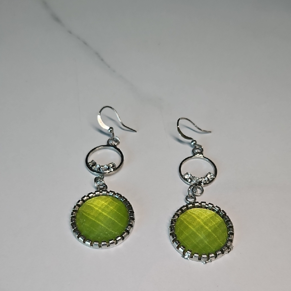 Silver-Tone Green Dangle Earrings with Crystal Accents